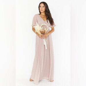 Show Me Your Mumu Emily Beige Flutter Sleeve Empire Waist Chiffon Maxi Dress L